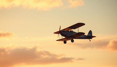 A biplane flies through a cloudy sky at sunset