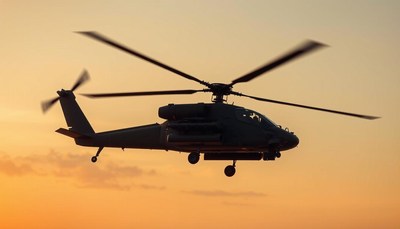 A helicopter flies in the sunset