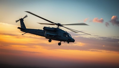 A helicopter flies against a sunset sky