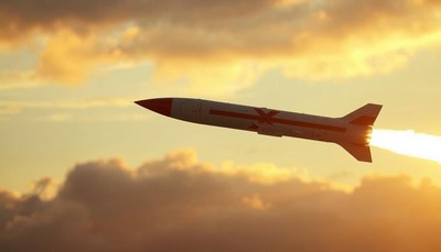 A missile launches during sunset