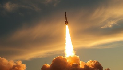 A rocket launches into the sky