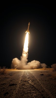 A rocket launches into the night sky