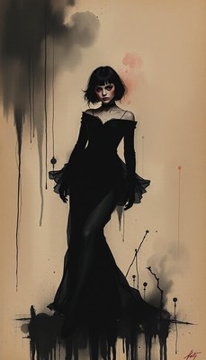 A woman in a black dress stands against a beige background