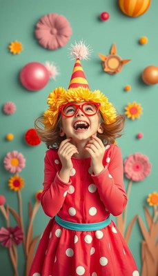 A girl in a polka dot dress laughs with joy