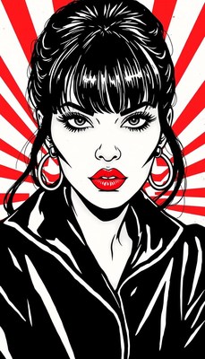 A dark-haired woman with red lipstick gazes intently