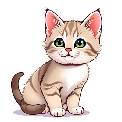 A tabby kitten sits with a sweet smile