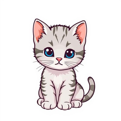 A cute, gray tabby kitten sits on a white background