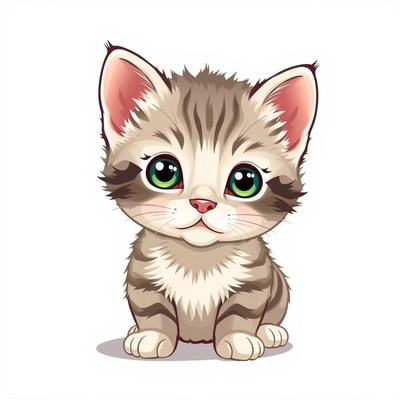 A cute kitten sits on a white background