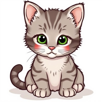 A cute tabby kitten sits on a white background