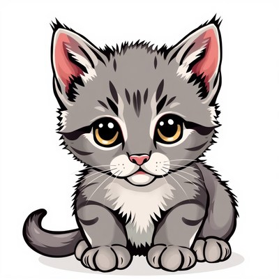 A gray kitten sits with big eyes