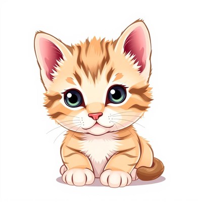 A cute tabby kitten sits on a white background