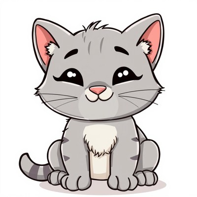 A cute gray cat sits and smiles