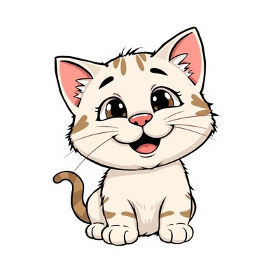 A cute, cartoon cat sits smiling