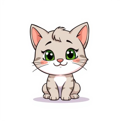 A cute, cartoon cat sits on a white background
