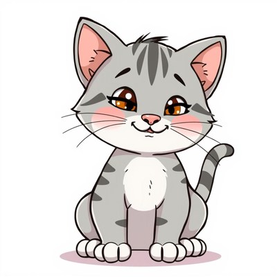 A cute grey tabby cat smiles for the camera