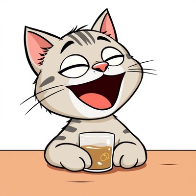 A cat laughs while holding a glass of orange juice
