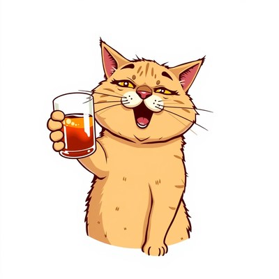 A happy cat holds a glass of juice