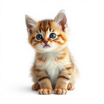A small kitten sits on a white background