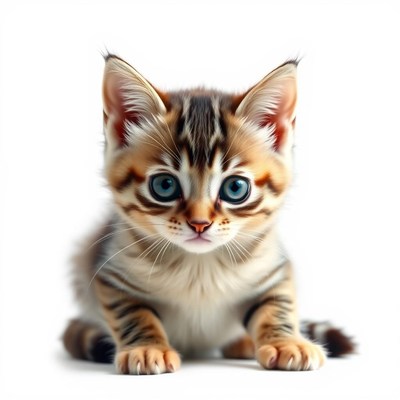 A cute tabby kitten sits on a white background