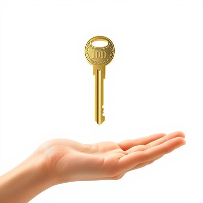 A golden key floats above an open hand