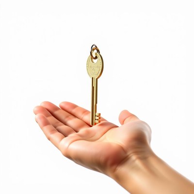 A golden key is held in an open hand