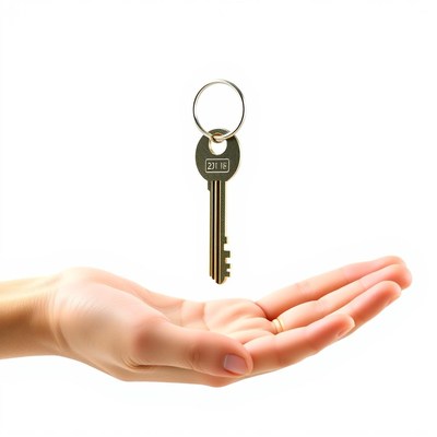 A key is held above an open hand