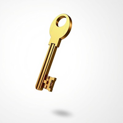 A golden key floats against a white background