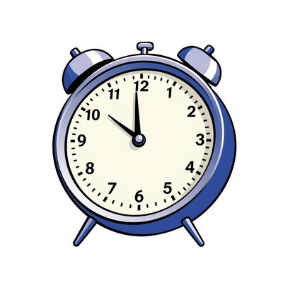 A blue alarm clock shows 12:00