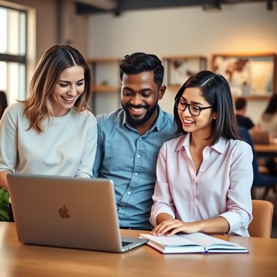 Three coworkers look at a laptop