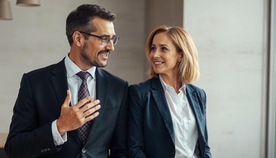 A suited man and woman smile in an office