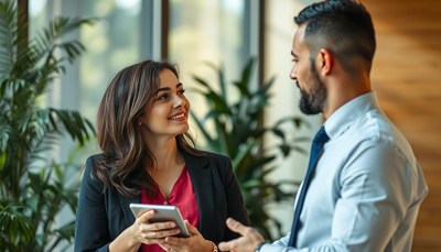A woman shows a tablet to a man in a meeting