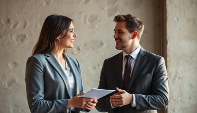 A woman and man in suits are talking in an office