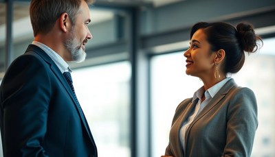 A man and woman in suits have a conversation in an office