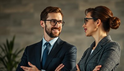 A man and woman in suits are talking in an office