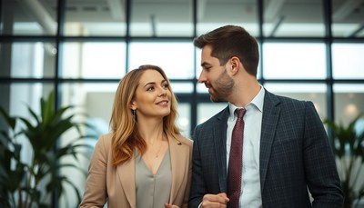A man and woman in suits converse in an office