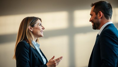 A woman and a man in suits have a conversation in an office