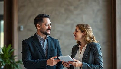 Two colleagues discuss work in an office