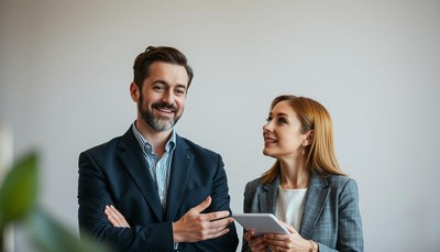 A man and a woman discuss business in an office
