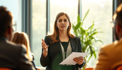 A woman gives a presentation in a modern office