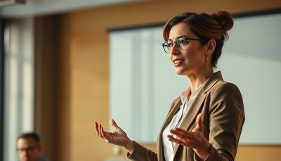 A woman gives a presentation in a classroom