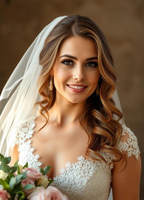 A bride smiles for a portrait in a wedding dress