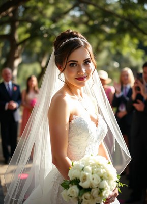 A bride smiles as she walks down the aisle