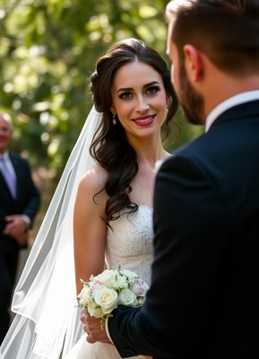 A bride smiles at her groom during the ceremony