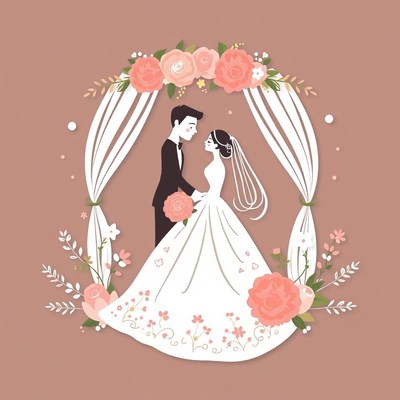 A bride and groom stand under a floral arch