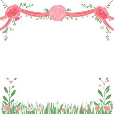 Pink flowers and ribbon decorate a white background