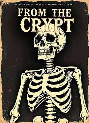A vintage-style poster featuring a skeleton
