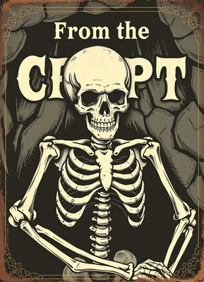 A skeleton sits in a dark cave