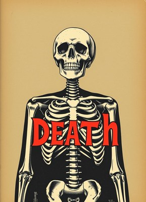 A skeleton with the word death across its chest