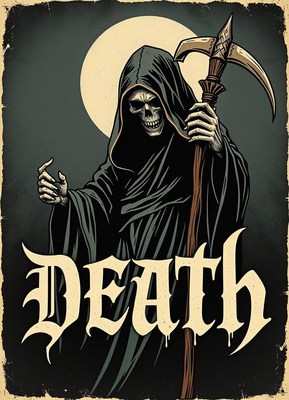 The grim reaper stands under a full moon