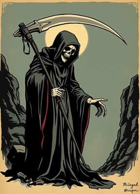The grim reaper stands in a dark, rocky landscape